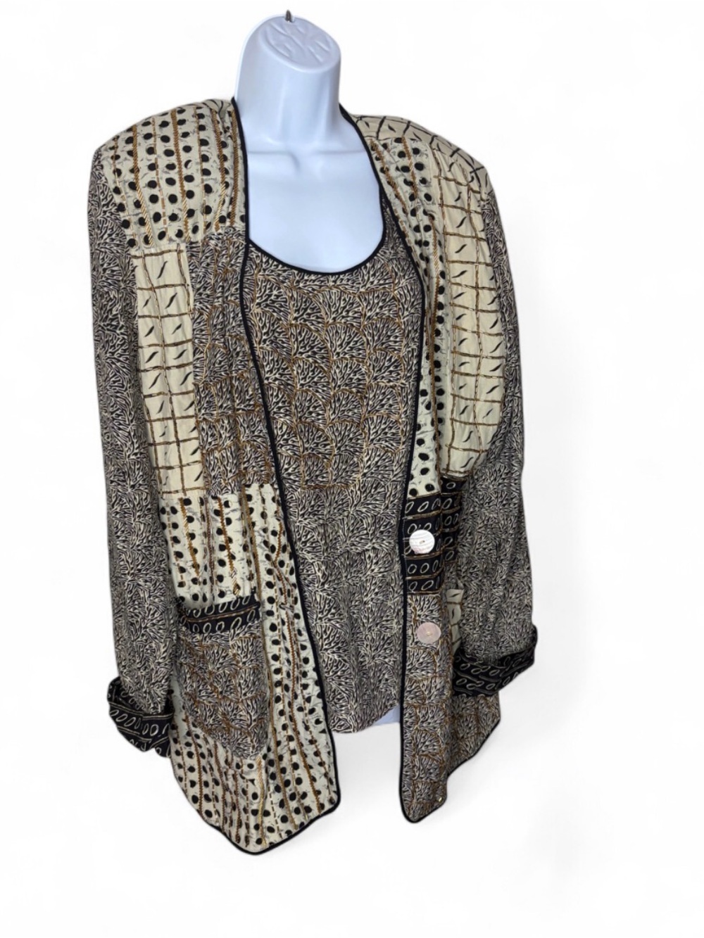 Vintage 90s Beaded Patchwork 3PC Outfit Set Caché Jacket Tank Surya Pants M L